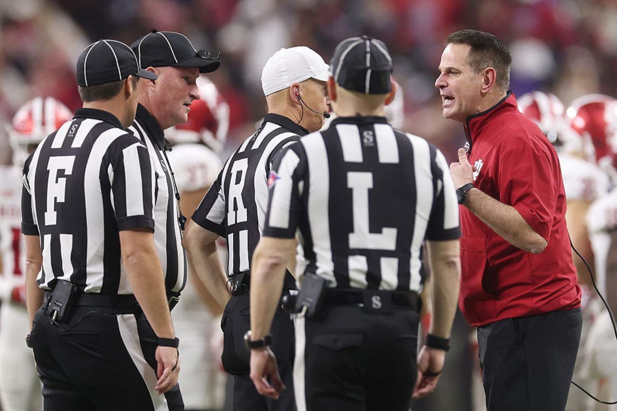 INDIANAPOLIS, INDIANA - DECEMBER 06: Head coach Curt Cignetti of the Indiana Hoosiers argues with referees against the Ohio State Buckeyes in the 2025 Big Ten Football Championship at Lucas Oil Stadium on December 06, 2025 in Indianapolis, Indiana.  (Photo by Michael Reaves/Getty Images)