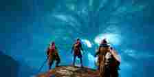 Four Elden Ring player characters stand on a rocky ridge, overlooking the Scadutree. At their feet are several player-left messages.
