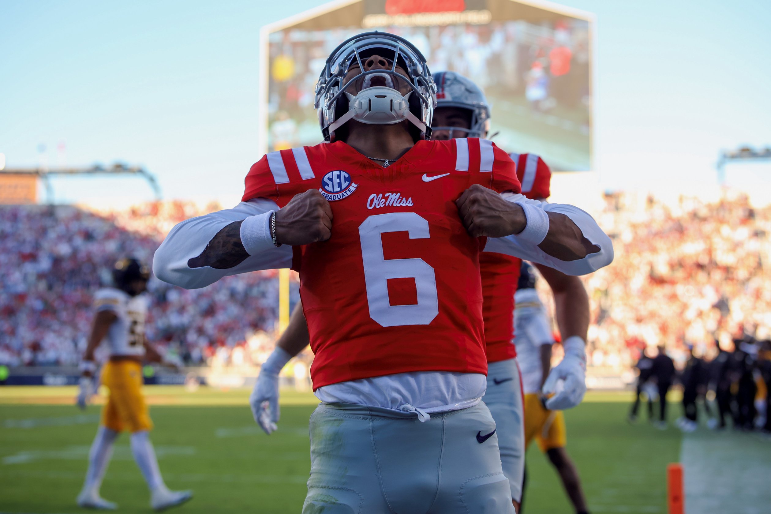 OXFORD, MS - OCTOBER 17: Ole Miss Rebels quarterback Trinidad Chambliss (6) celebrates a TD during the game between the Ole Miss Rebels and the Missouri Tigers on October 17, 2026 at Vaught-Hemingway Stadium in Oxford, MS. (Photo by Jason Homan/Icon Sportswire via Getty Images)