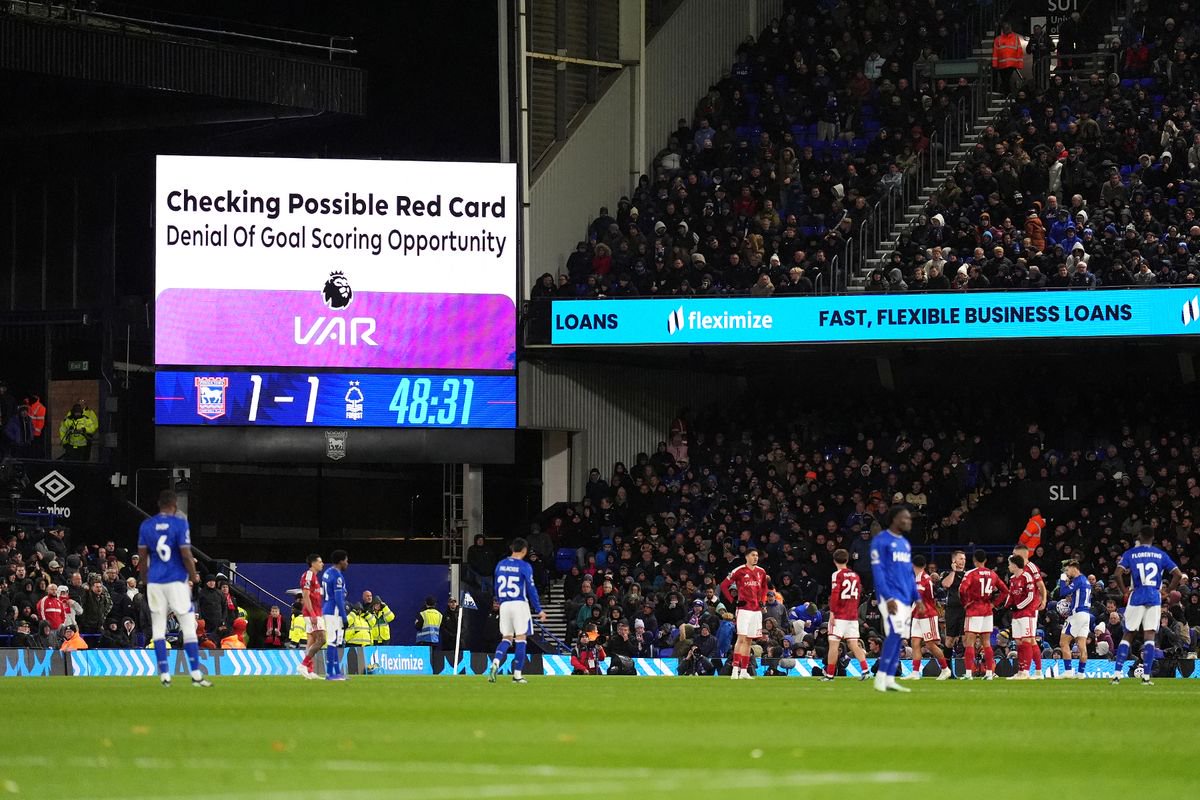 The big screen showing a VAR check for a possible red card for Issa Diop during the Premier League match between Ipswich Town and Nottingham Forest at Portman Road