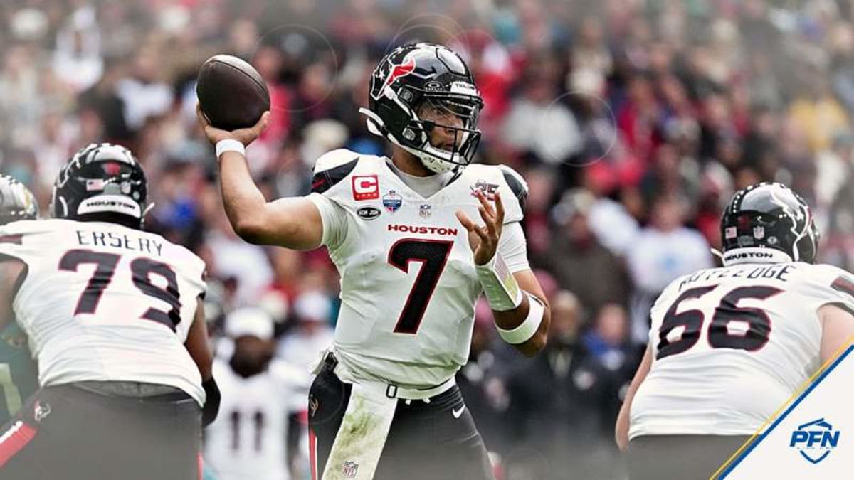 Oct 18, 2026; London, ENG; Houston Texans quarterback C.J. Stroud (7) throws the ball during the first half against the Jacksonville Jaguars at Wembley Stadium. © Kirby Lee-Imagn Images