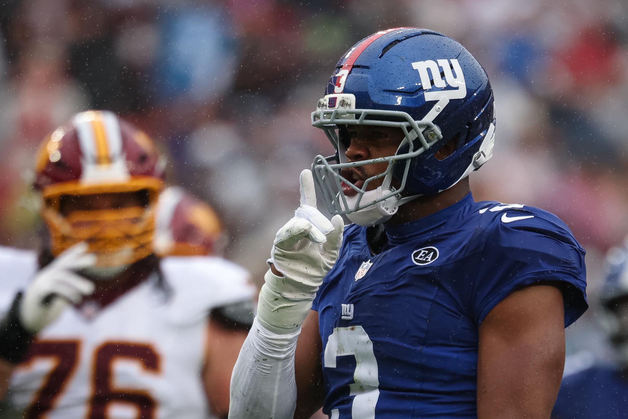 New York Giants linebacker Abdul Carter celebrates after recording a sack against Washington Commanders quarterback Jayden Daniels.
