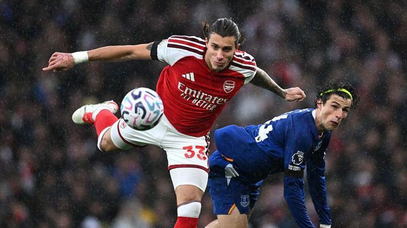 Riccardo Calafiori playing for Arsenal