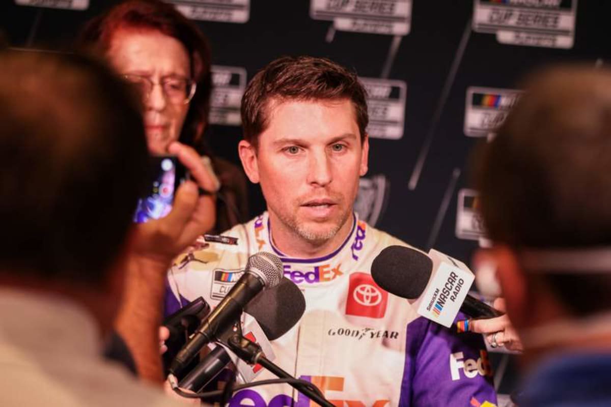 CHARLOTTE, NC – SEPTEMBER 01: Denny Hamlin 11 of Joe Gibbs Racing speaks to the media during the 2022 NASCAR, Motorsport, USA Cup Series Playoff Media Day on September 1, 2022, at the Charlotte Convention Center in Charlotte, NC. Photo by David Jensen/Icon Sportswire AUTO: SEP 01 NASCAR Cup Series Playoff Media Day Icon220901004 ©IMAGO/Icon Sportswire