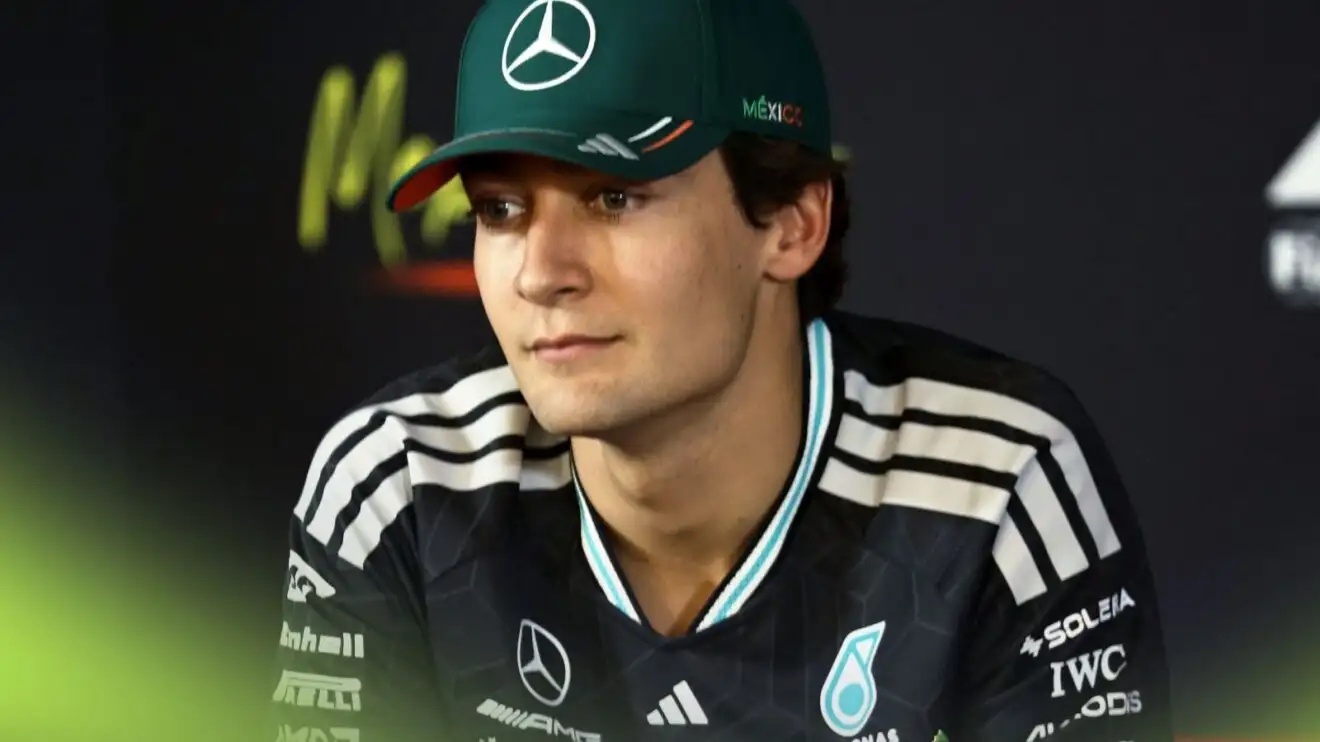 Mercedes driver George Russell speaks in a press conference at the 2026 Mexican Grand Prix