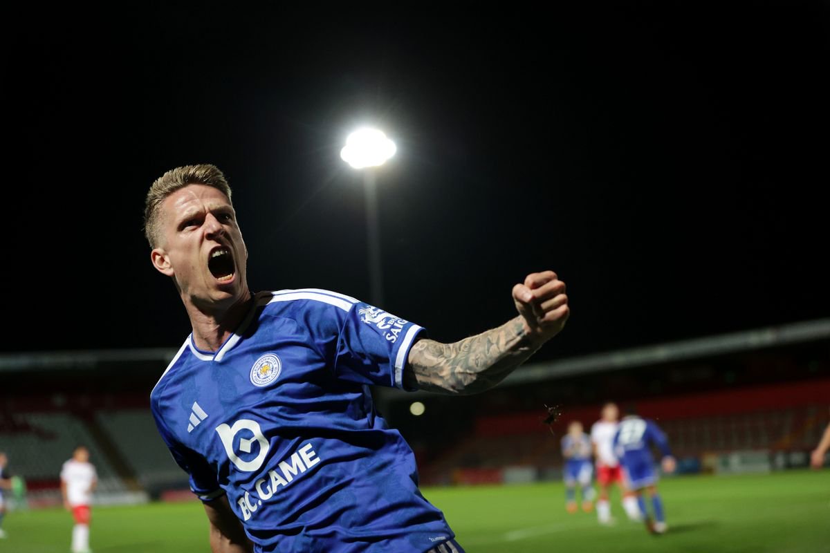 Emil Riis celebrates scoring for Leicester City vs Stevenage in the Jersey Mike's Trophy
