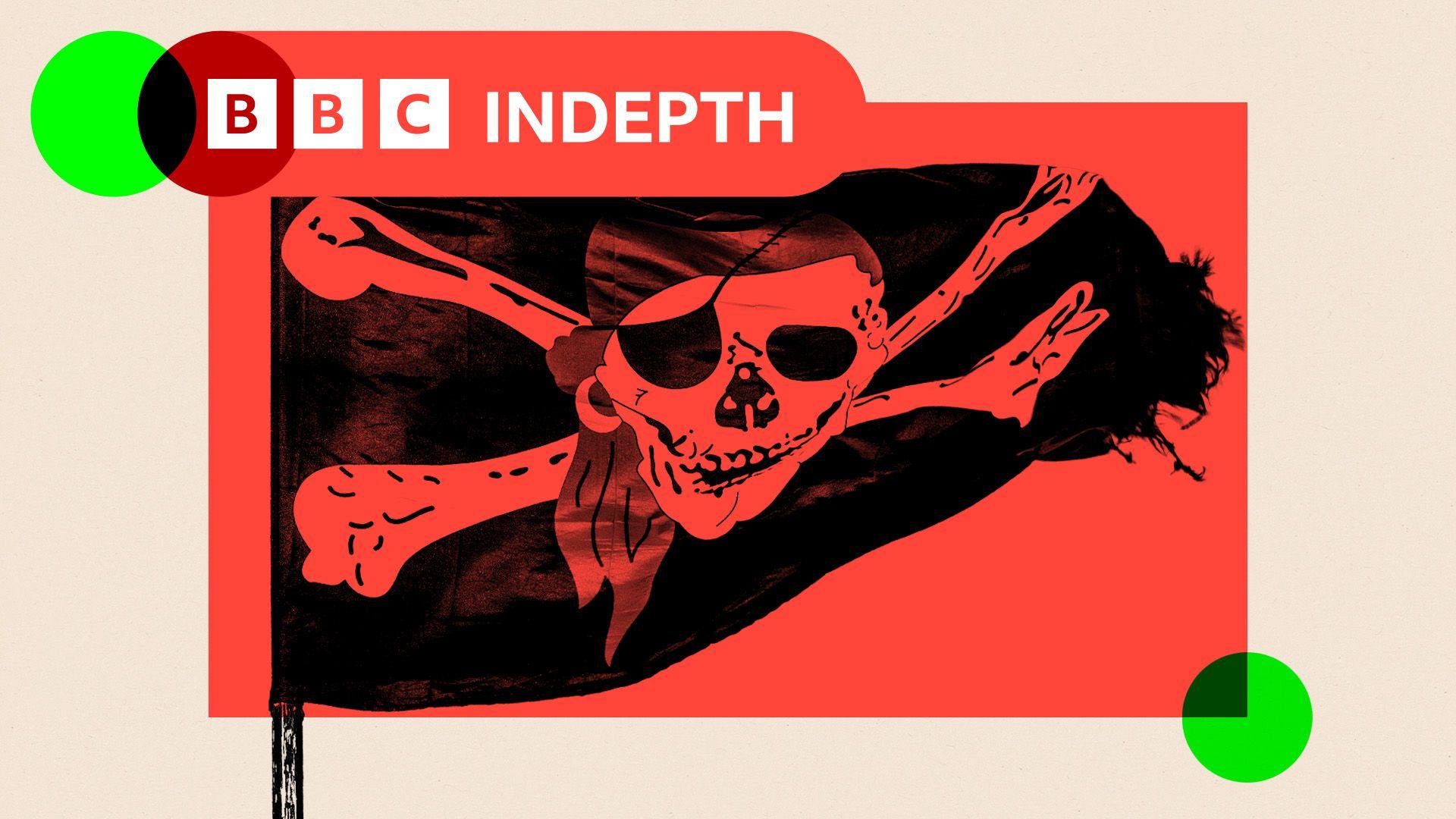 A treated image of a pirate flag, above a treated image of a deflated rugby ball and football
