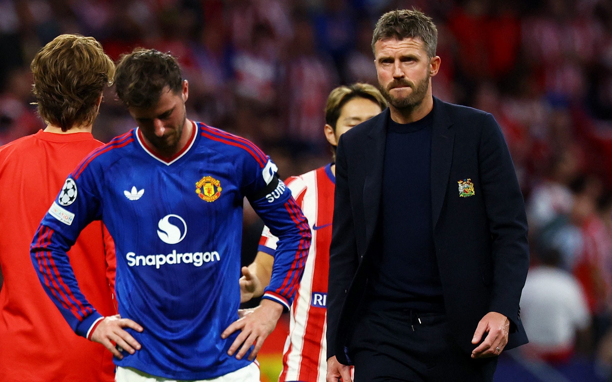 Michael Carrick and Mason Mount cut dejected figures after losing 2-0 at the Metropolitano