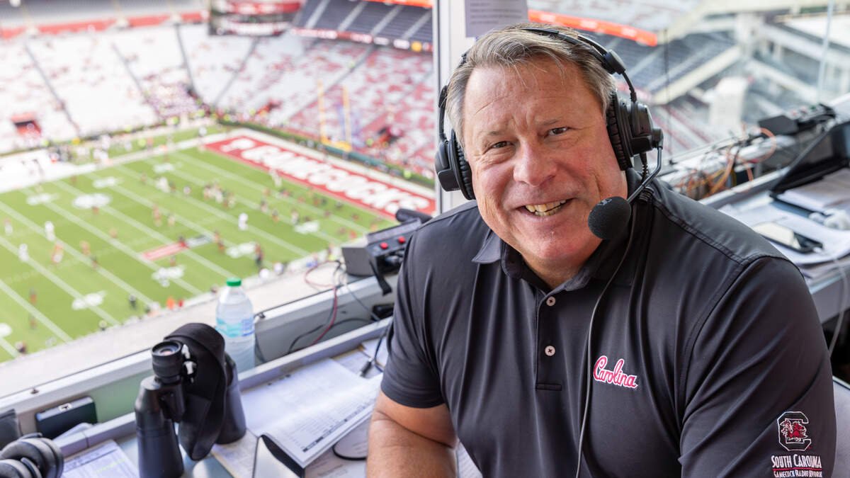 Todd Ellis, play-by-play announcer with the Gamecock Sports Network, is seen in the booth before South Carolina’s game against Mississippi State on Sept. 19.