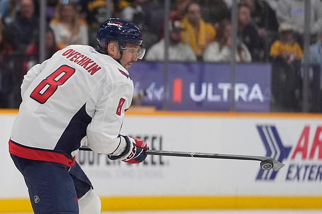 Washington Capitals left wing Alex Ovechkin (8) hits the puck to the ice during the first period of an NHL hockey game against the Nashville Predators, Thursday, Oct. 29, 2026, in Nashville, Tenn. (AP Photo/George Walker IV)