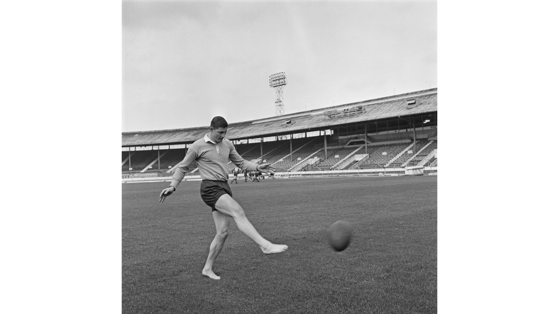 Michael Cleary of the Australian rugby league team, training at White City Stadium in London during the 1963-64 Kangaroo tour of Britain and France
