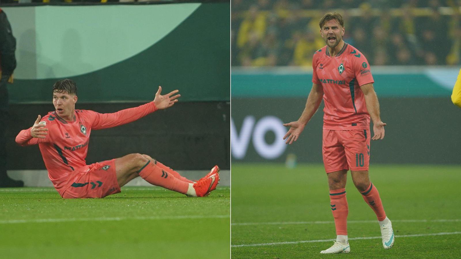 Werder Bremen in Noten gegen den BVB: Cedric Itten (li.) hatte im DFB-Pokal einen schweren Stand, Joker Niclas Füllkrug (re.) lieferte erneut ab.