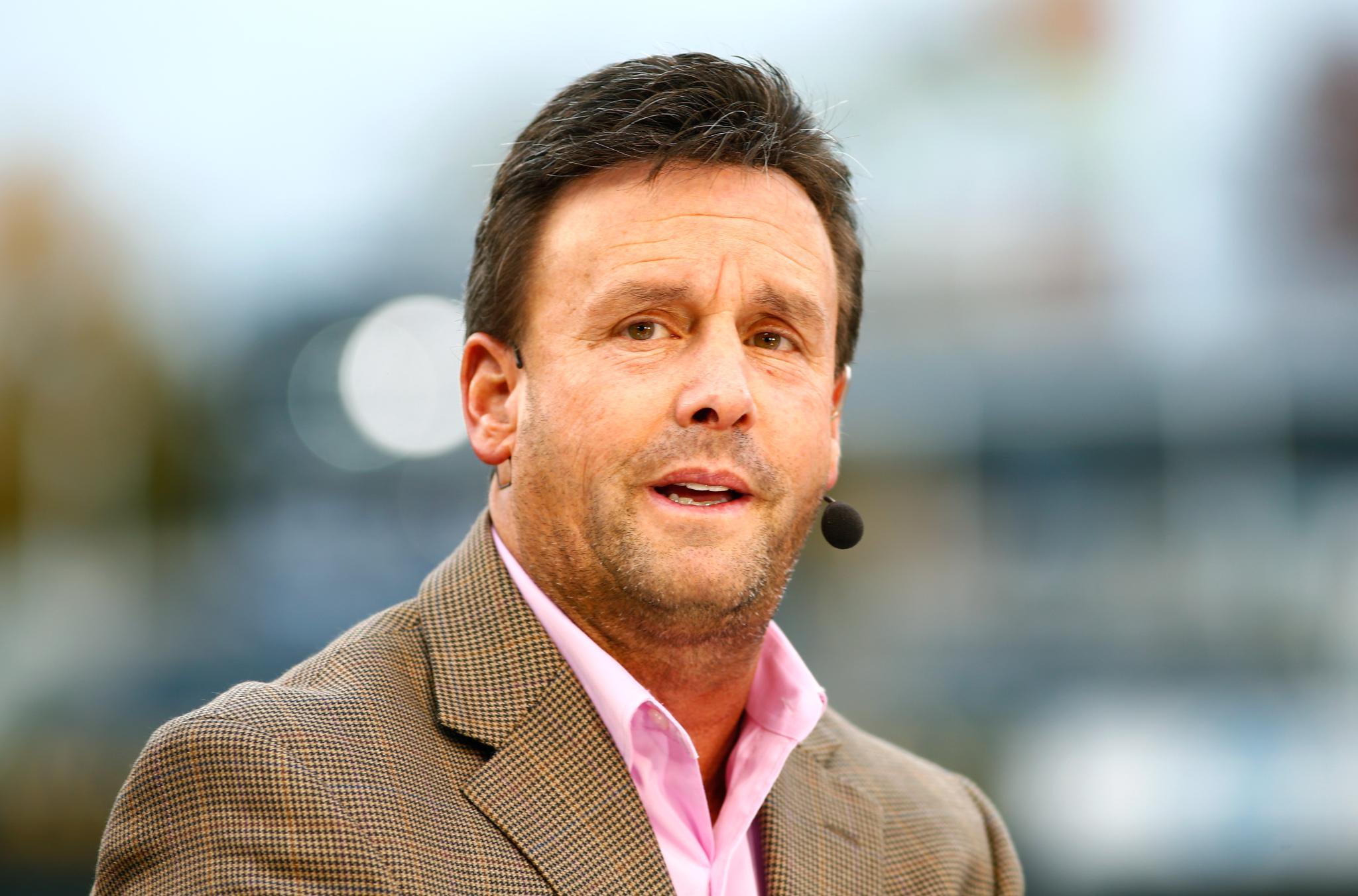 Karl Ravech of ESPN speaks on set the day before Game 1 of the 2015 World Series between the Royals and Mets at Kauffman Stadium on October 26, 2015 in Kansas City, Missouri.
