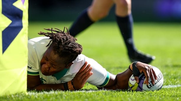 24 October 2026; Linda Djougang of Ireland scores a try during the WXV Global Series match between South Africa and Ireland at Athlone Stadium in Cape Town, South Africa. Photo by Shaun Roy/Sportsfile