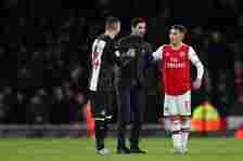 Miguel Almiron of Newcastle United with Mikel Arteta the manager / head coach of Arsenal and Lucas Torreira at full time of the Premier League matc...