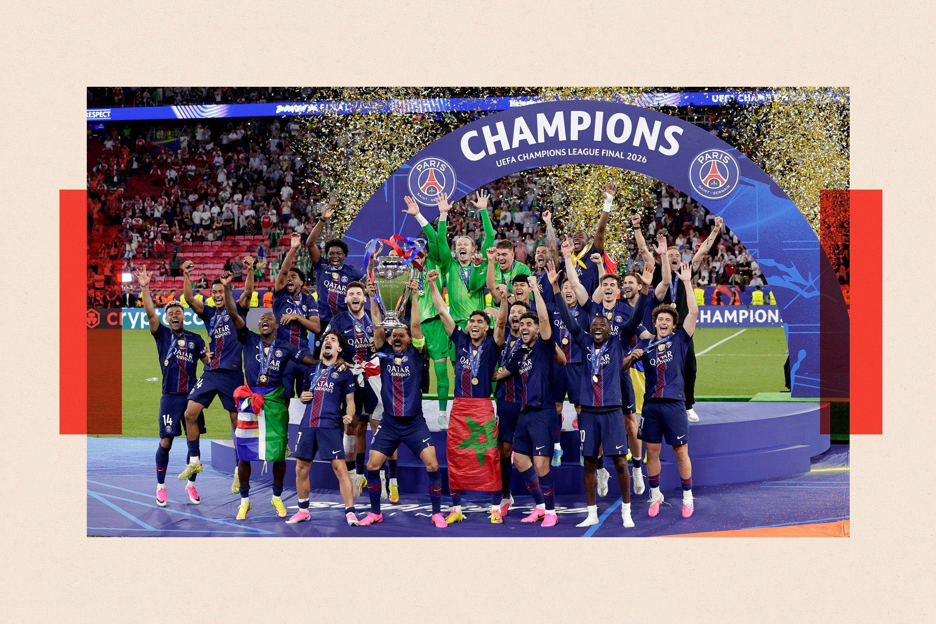 Paris Saint-Germain celebrates the Champions League final victory with the trophy during the UEFA Champions League match between Paris Saint Germain v Arsenal at the Puskas Arena on May 30, 2026 in Budapest Hungary