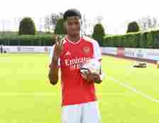 Chido Obi-Martin with the matchball after scoring a hat trick for Arsenal after the U18 Premier League match between Arsenal U18 and Southampton U1...
