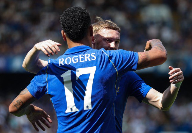 LONDON, ENGLAND - AUGUST 15: Morgan Rogers of Chelsea reacts with Cole Palmer of Chelsea after Rogers scored his teams first goal during the pre-season friendly match between Chelsea and Real Sociedad at Stamford Bridge on August 15, 2026 in London, England. (Photo by Ryan Pierse/Getty Images)