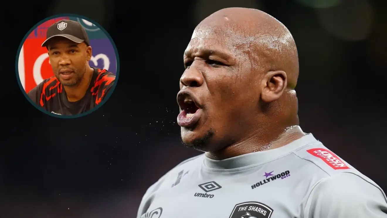 Bongi Mbonambi and an inset of Sharks head coach JP Pietersen.