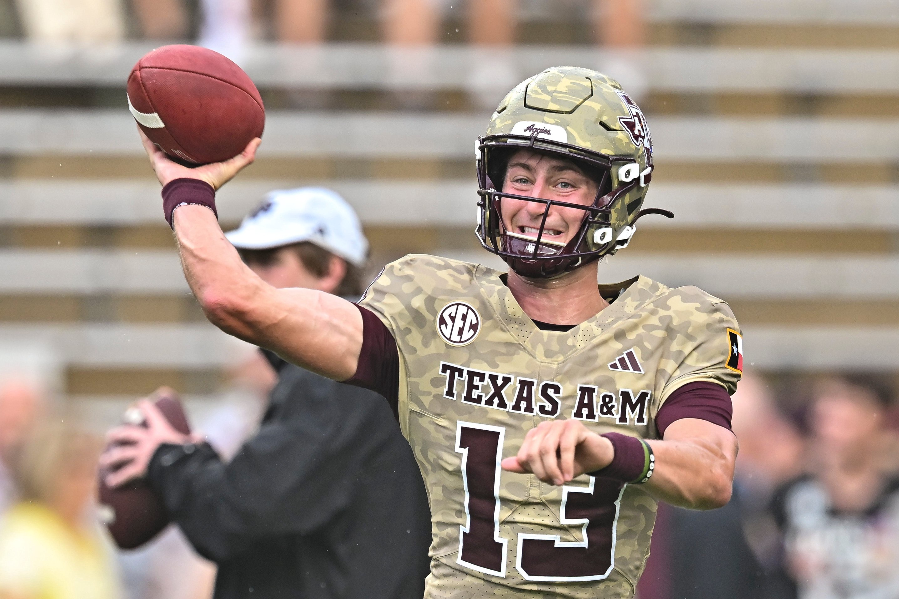 Oct 3, 2026; College Station, Texas, USA; Texas A&amp;M Aggies quarterback Brady Hart (13) warms up prior to the game against the Arkansas Razorbacks at Kyle Field. Mandatory Credit: Maria Lysaker-Imagn Images