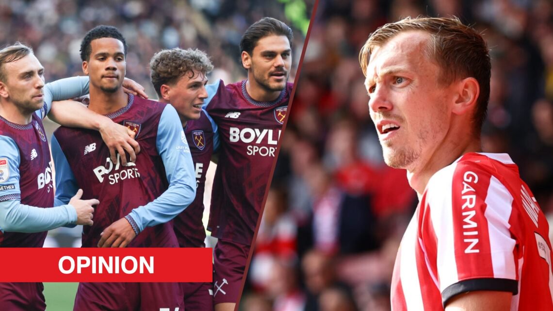 Split image showing West Ham United's Divine Mukasa celebrating a goal, and Southampton midfielder James Ward-Prowse