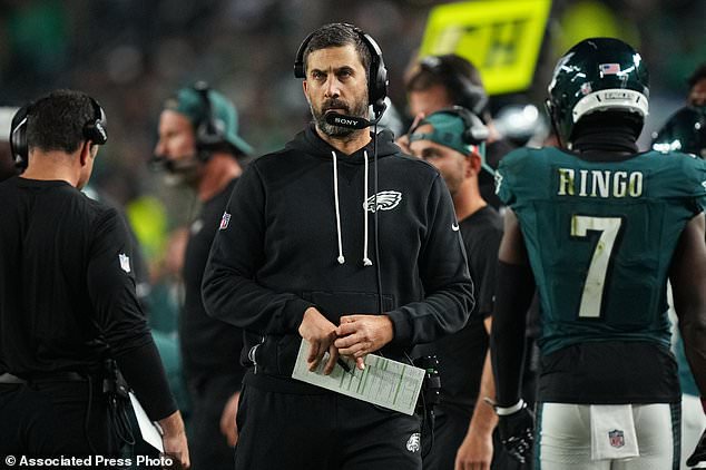 Philadelphia Eagles head coach Nick Sirianni looks on during the first half of an NFL football game against the Dallas Cowboys in Philadelphia, Monday, Oct. 26, 2026. (AP Photo/Matt Rourke)
