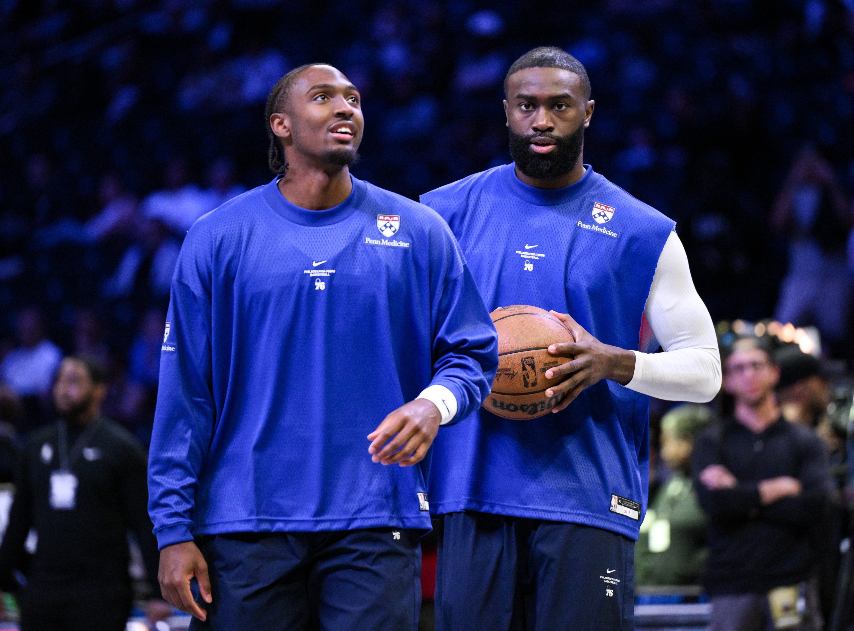 Philadelphia 76ers guards Tyrese Maxey (0) and Jaylen Brown (7) before a game against the Brooklyn Nets at Barclays Center. 
