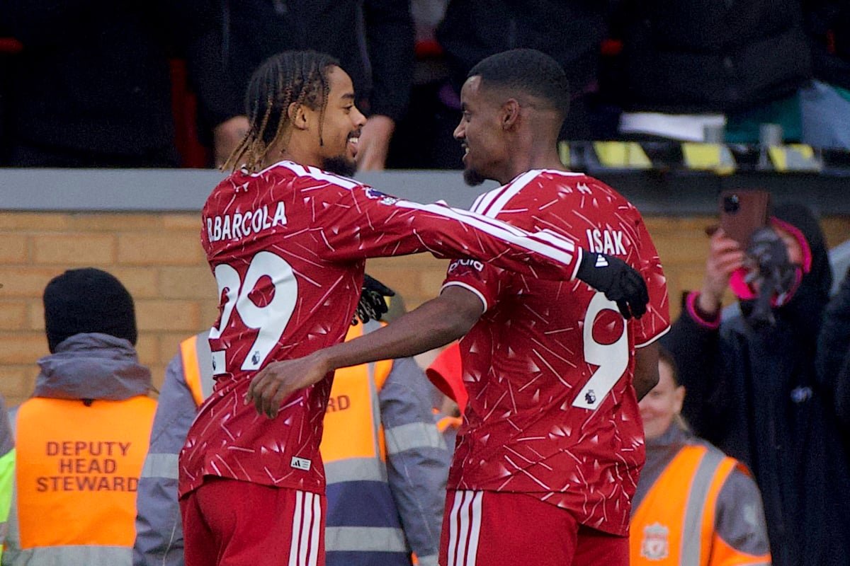 LIVERPOOL, ENGLAND - Sunday, October 24, 2026: Liverpool's Alexander Isak celebrates with team-mate Bradley Barcola (L) after scoring the second goal during the FA Premier League match between Liverpool FC and Brighton & Hove Albion FC at Anfield. (Photo by David Rawcliffe/Propaganda)