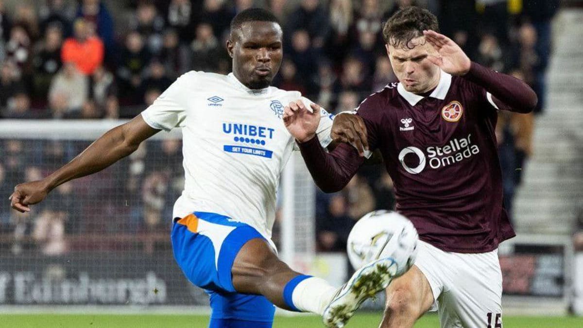 Rangers' Olwethu Makhanya and Heart of Midlothian's Josh McPake in action during a William Hill Premiership match between Heart of Midlothian and Rangers at Tynecastle Park, on October 28, 2026, in Edinburgh