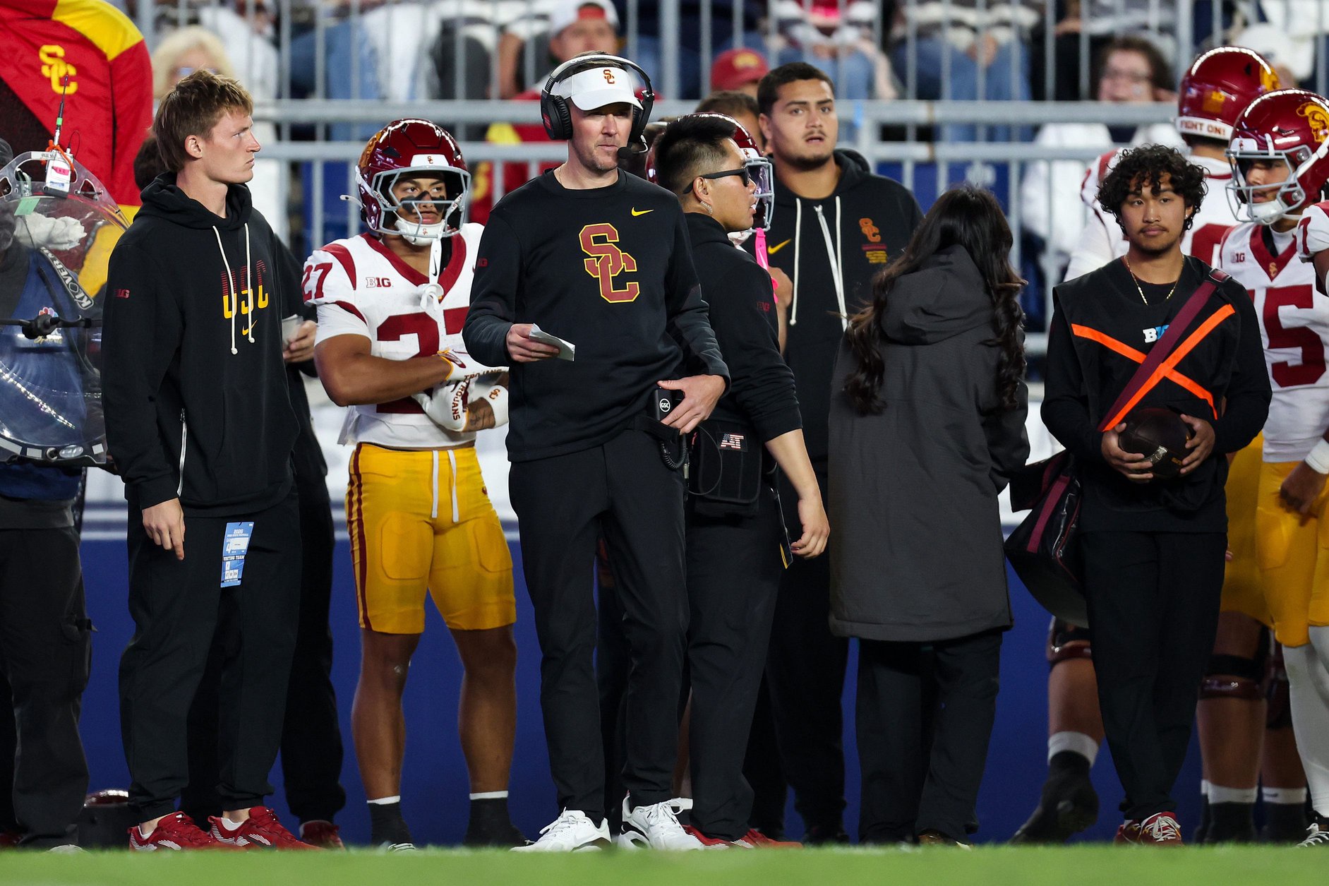 Southern California Trojans head coach Lincoln Riley looks on from the sideline during the first quarter against the Penn State Nittany Lions at West Shore Home Field at Beaver Stadium. 