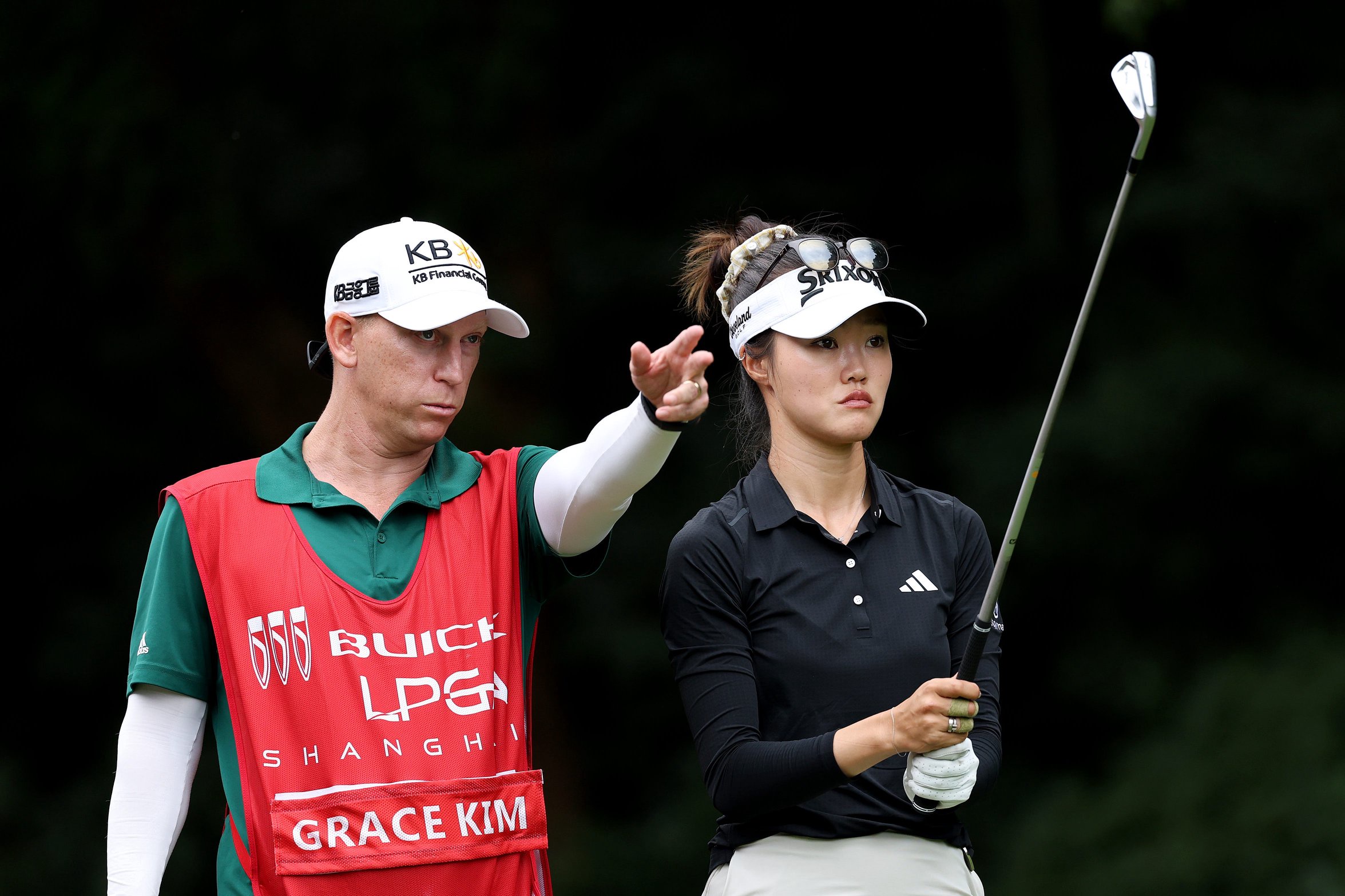 SHANGHAI, CHINA - OCTOBER 16: Grace Kim of Australia discusses with her caddie as she prepares to play a shot from the sixth tee during the second round of the Buick LPGA Shanghai 2026 at Sheshan Golf Club on October 16, 2026 in Shanghai, China. (Photo by Zhe Ji/Getty Images)