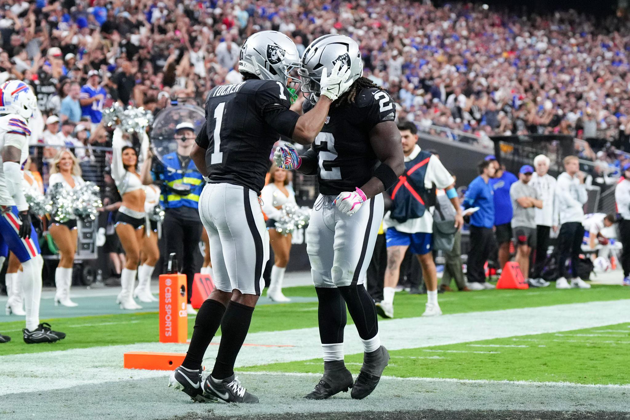 Raiders wide receiver Tre Tucker and running back Ashton Jeanty