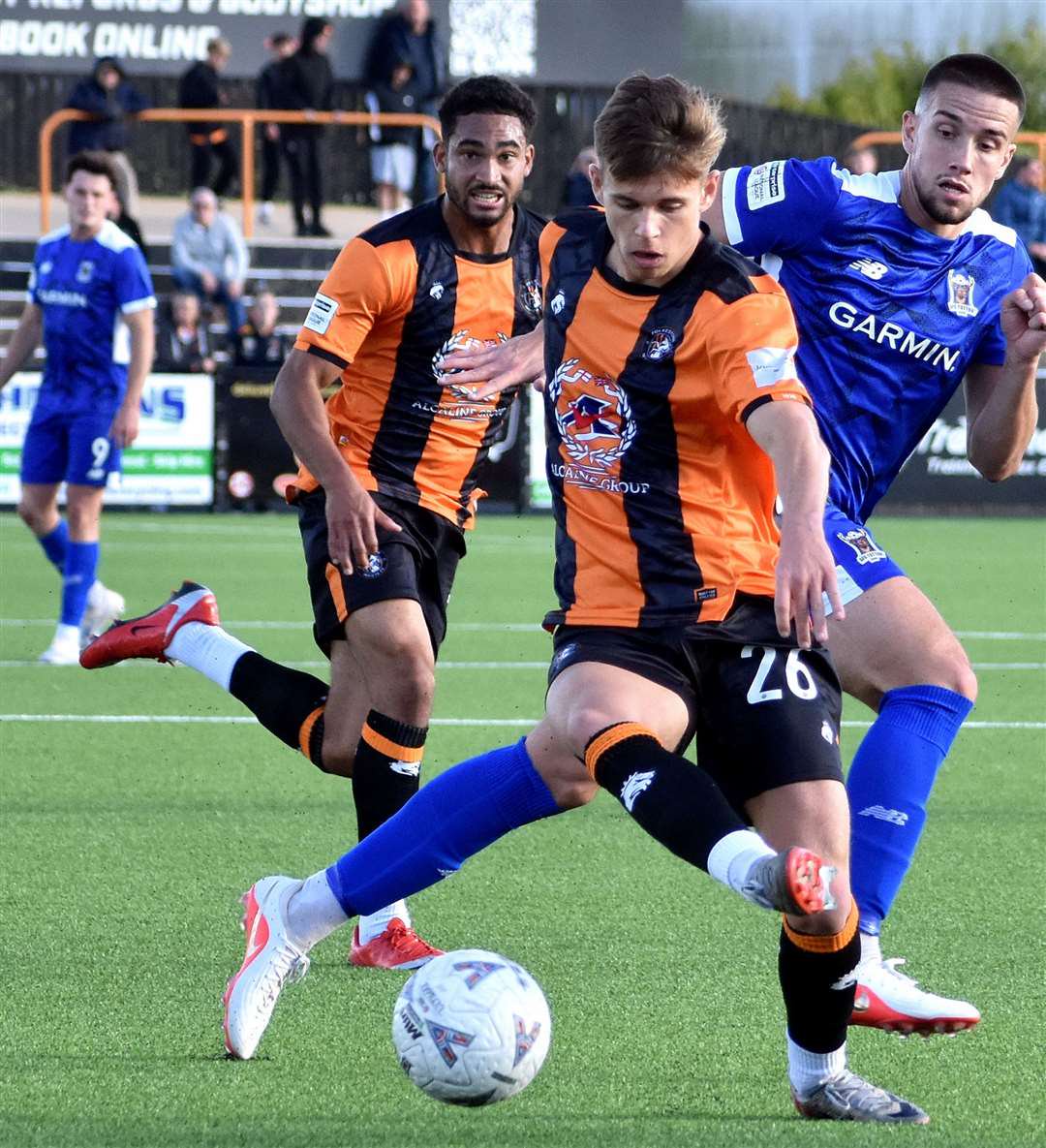 Scorer Bobby Kelman in possession for Folkestone against AFC Totton. Picture: Randolph File