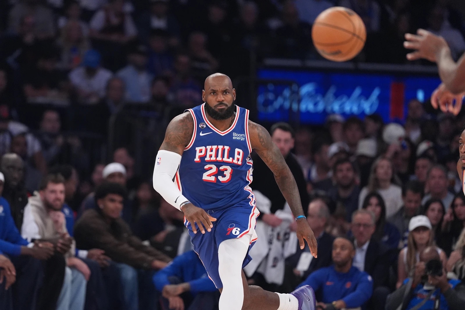 Philadelphia 76ers forward LeBron James waits for a pass during the first half of an NBA basketball game against the New York Knicks Tuesday, Oct. 20, 2026, in New York. (AP Photo)
