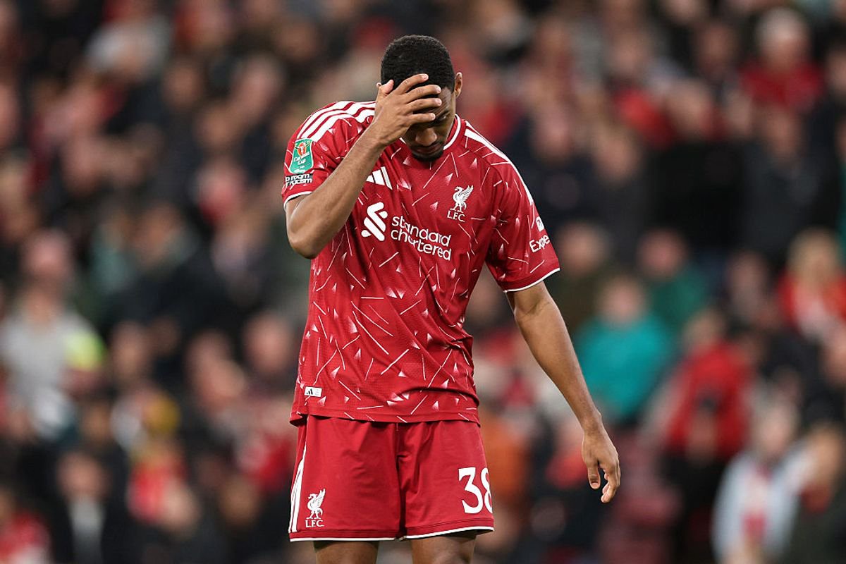LIVERPOOL, ENGLAND - OCTOBER 28: Ryan Gravenberch of Liverpool reacts after missing a penalty during the shootout during the Carabao Cup Fourth Round match between Liverpool and Chelsea at Anfield on October 28, 2026 in Liverpool, England. (Photo by Michael Regan/Getty Images)