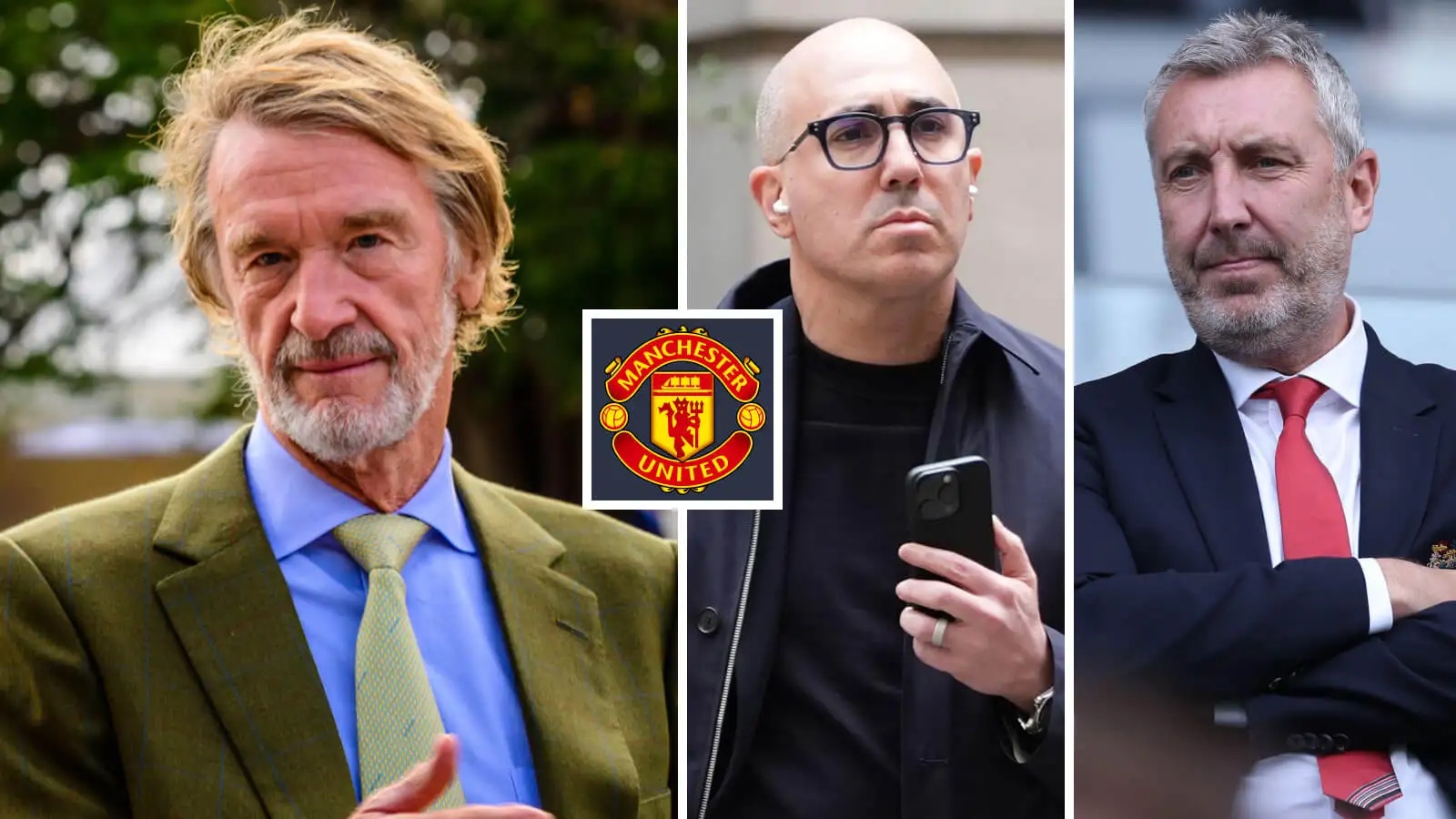 A collage of Manchester United decision makers Sir Jim Ratcliffe, Omar Berrada and Jason Wilcox and a Manchester United badge - copyright TEAMtalk