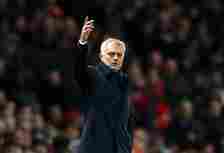 Jose Mourinho, Manager of Tottenham Hotspur reacts during the Premier League match between Manchester United and Tottenham Hotspur at Old Trafford ...