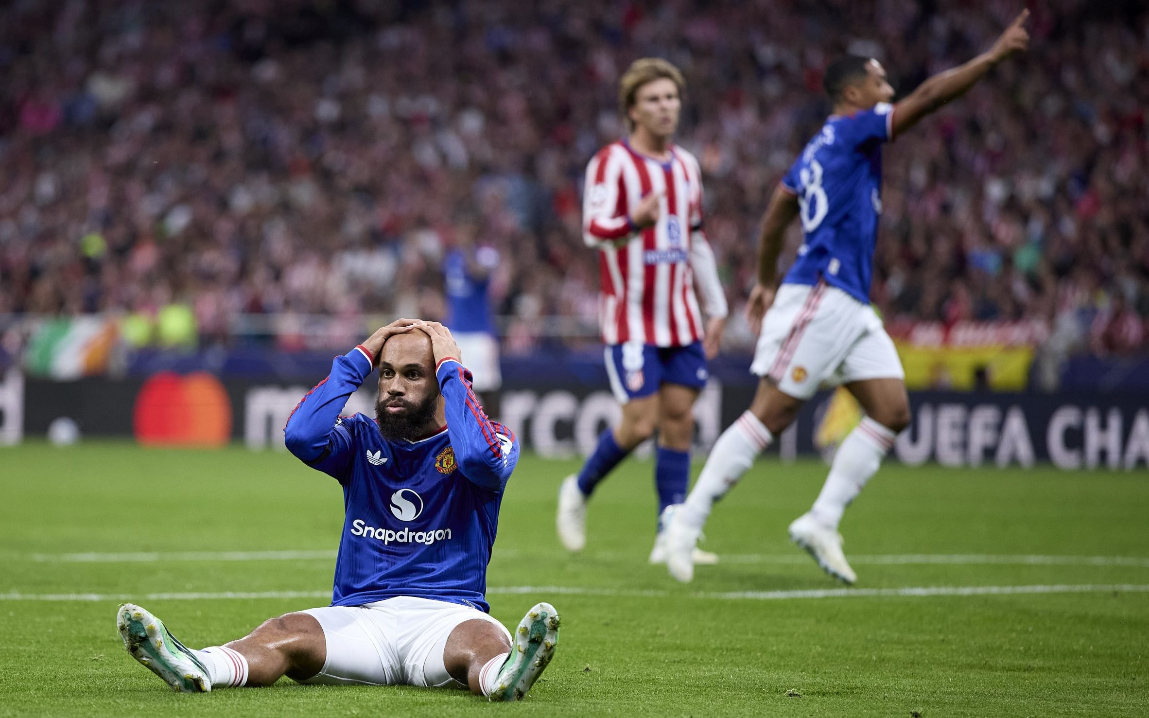 Bryan Mbeumo reacts to a missed chance against Atletico Madrid