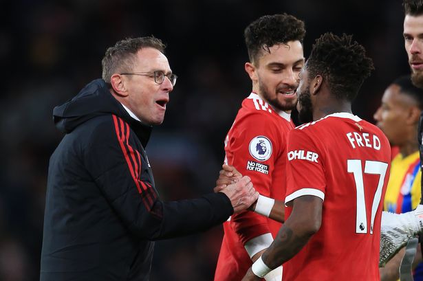 Ralf Rangnick celebrates with Fred after securing his first win as Manchester United boss