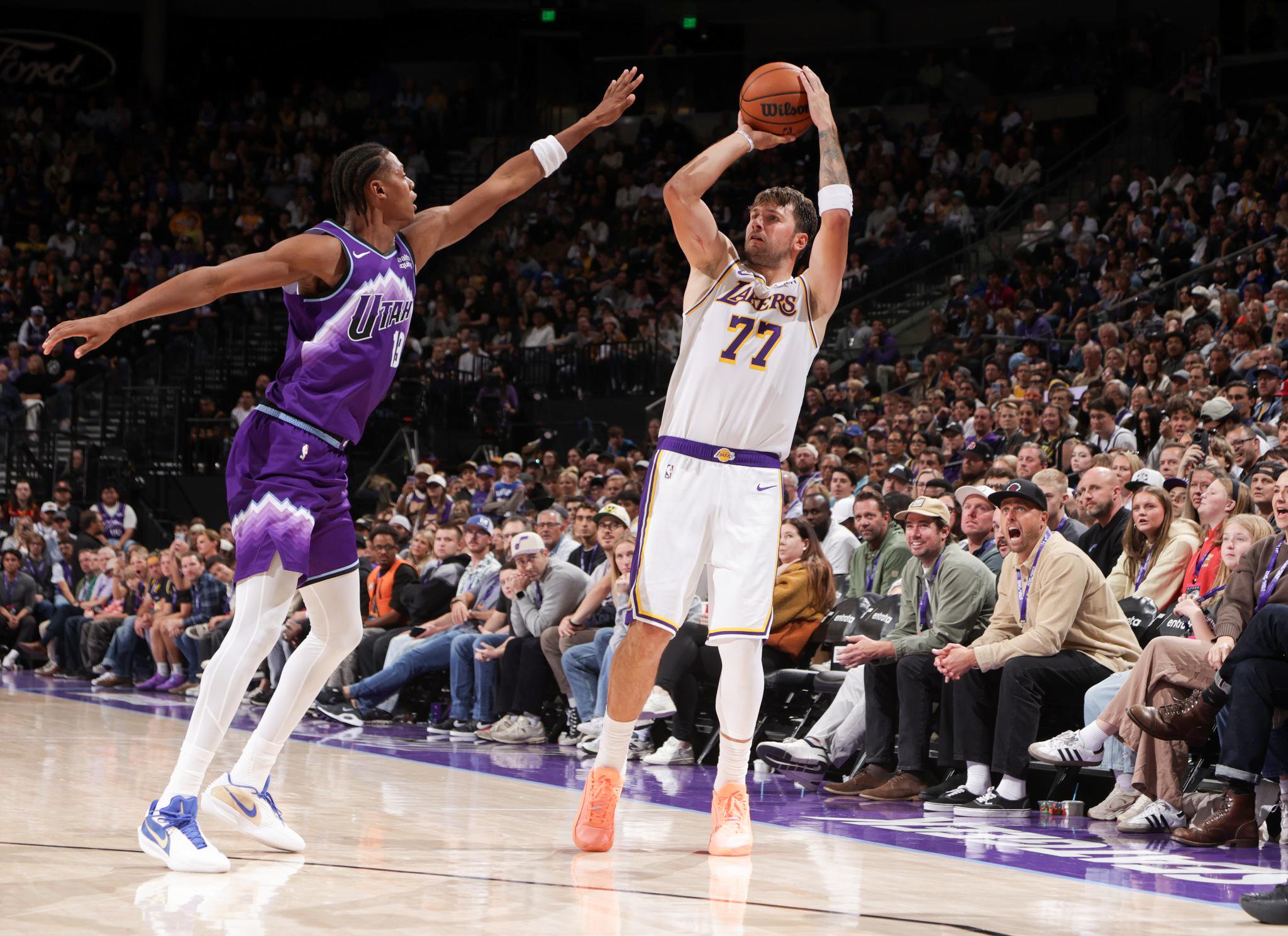 Luka Doncic of the Los Angeles Lakers shoots a 3-point basket against the Utah Jazz.