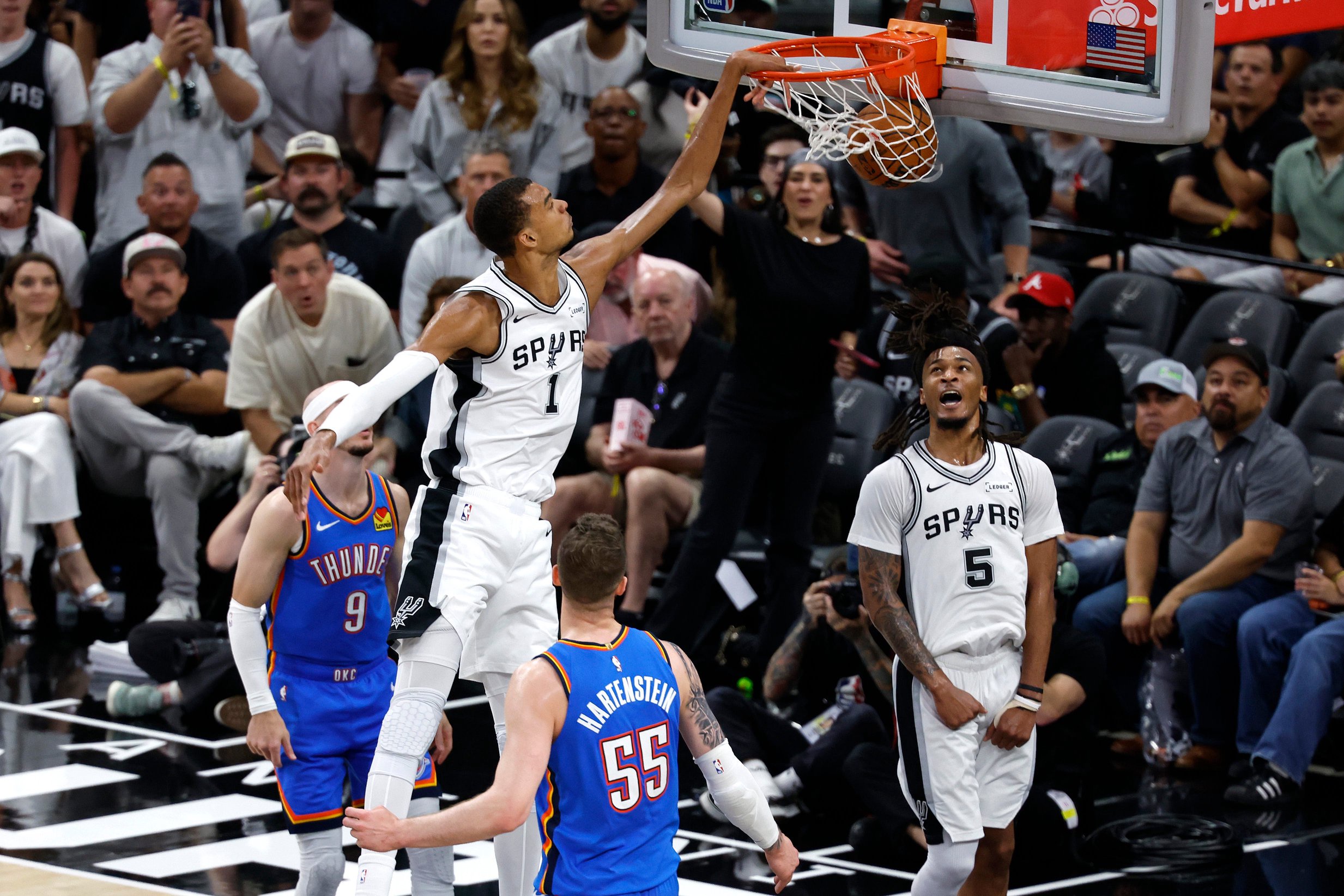 Victor Wembanyama #1 of the San Antonio Spurs dunks the ball against the Oklahoma City Thunder during the third quarter in Game Four of the NBA Western Conference Finals at Frost Bank Center on May 24, 2026, in San Antonio, Texas.