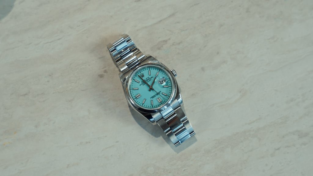 Trae Young’s Rolex Datejust, with a custom turquoise dial, was a gift from his wife, Shelby. Photo: Handout