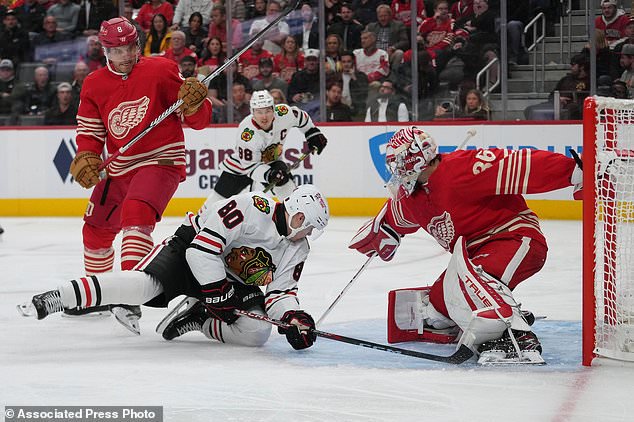 Detroit Red Wings goaltender John Gibson (36) stops a Chicago Blackhawks right wing Roman Kantserov (80) shot in the second period of an NHL hockey game Thursday, Oct. 29, 2026, in Detroit. (AP Photo/Paul Sancya)
