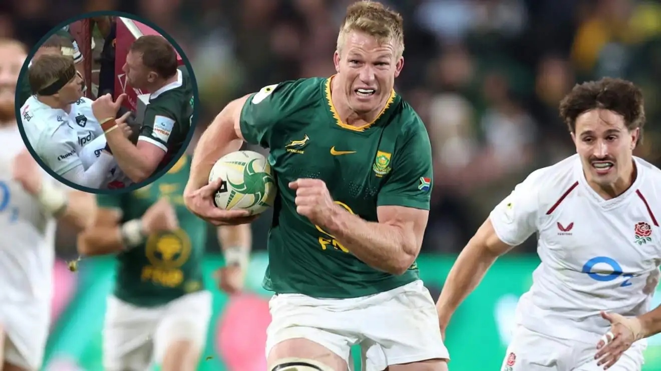 Springboks flanker Pieter-Steph du Toit in action against England in the Naions Championship and an inset of Henry Pollock and Ollie Chessum.