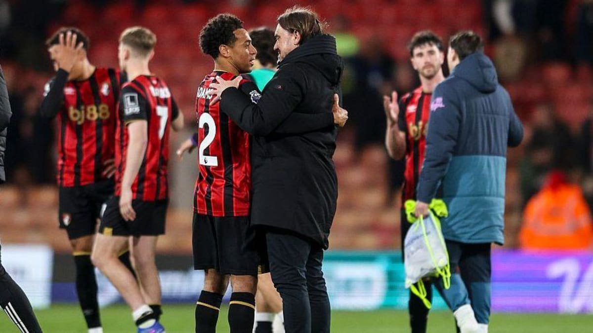 Tyler Adams of Bournemouth with Head Coach Daniel Farke of Leeds United after their sides' 2-2 draw in the Premier League