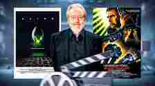Ridley Scott in between posters of Alien and Blade Runner.