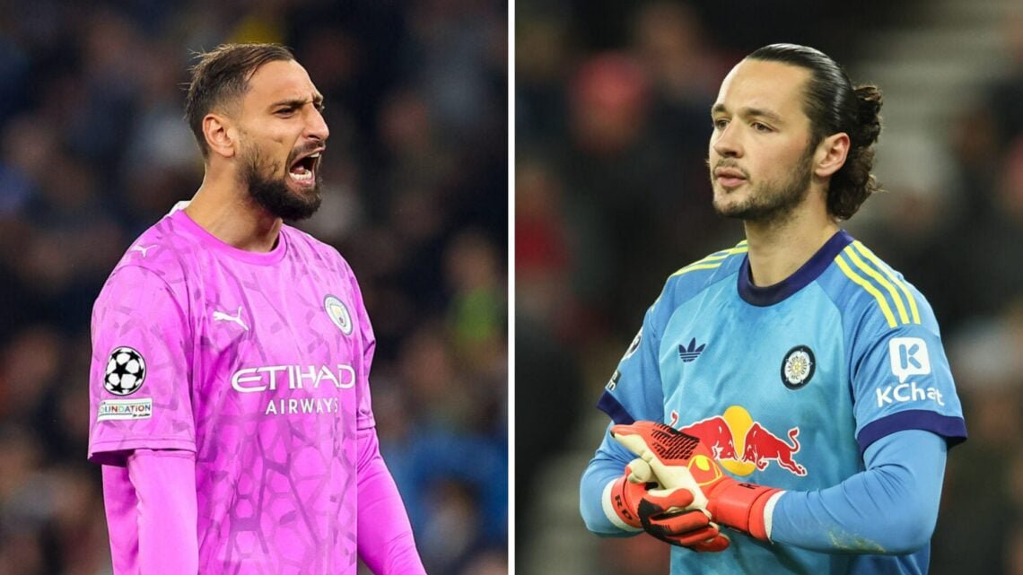 Gianluigi Donnarumma playing for Manchester City (left) and James Trafford playing for Leeds United (right)