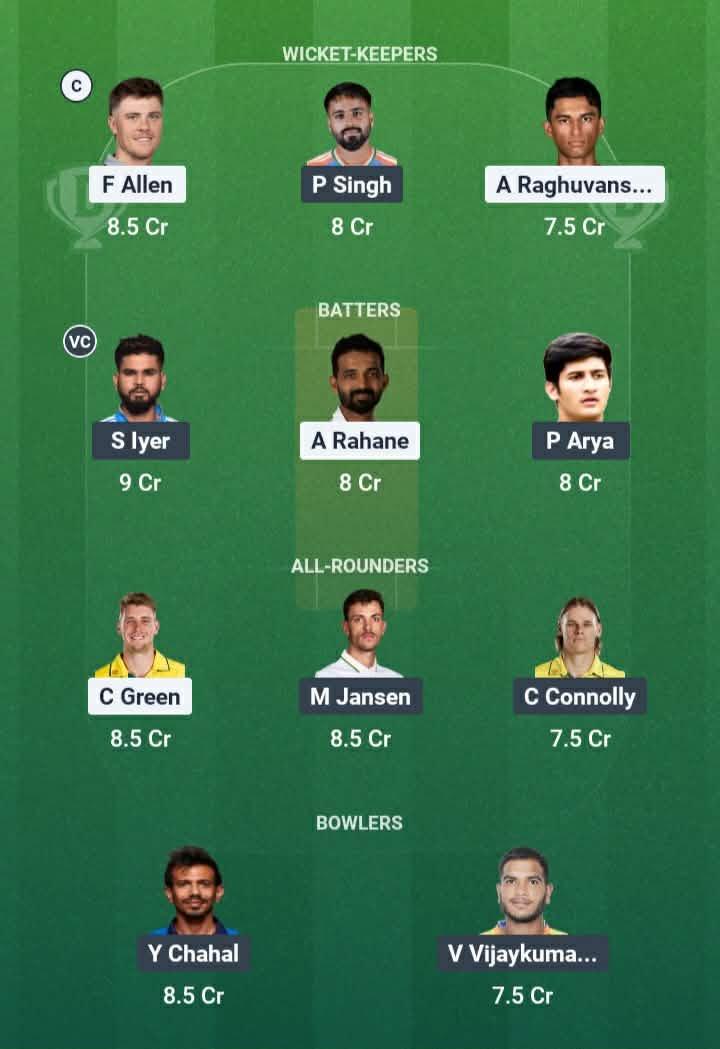 Screenshot from Dream11 app. Possible XIs, Fantasy Cricket Tips, Kolkata Pitch Report & Dream11 Prediction for the 12th match of IPL 2026: KKR vs PBKS Today.