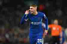 Cole Palmer of Chelsea gestures during the Premier League match against Aston Villa