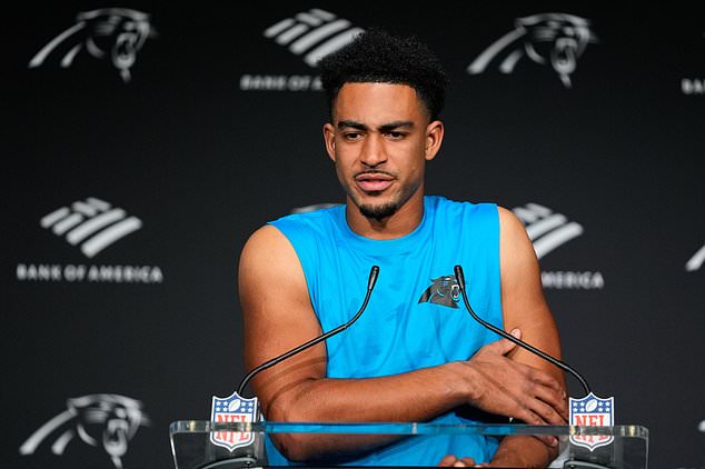Carolina Panthers quarterback Bryce Young (9) speaks during a news conference after an NFL football game against the Tampa Bay Buccaneers in Charlotte, N.C., Sunday, Oct. 25, 2026. (AP Photo/Erik Verduzco)